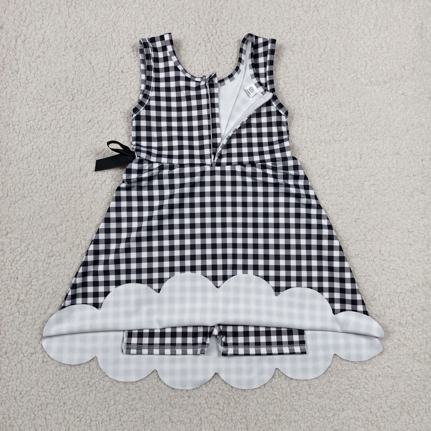 GSD3777 Black Plaid Print Girls Bows Scallop Yoga Active Zipper Dress