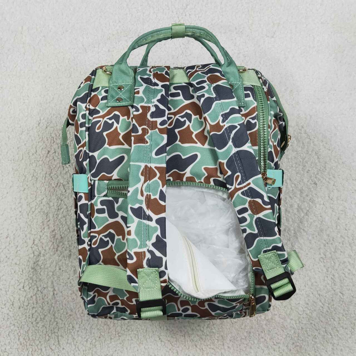 BA0404 Duck Embroidery  Green Camo Hunting Print Adult Baby Diaper Bags