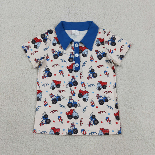Toddler Boy 4th of July Construction Trucks Print Polo Shirt, Kids Patriotic Summer Top