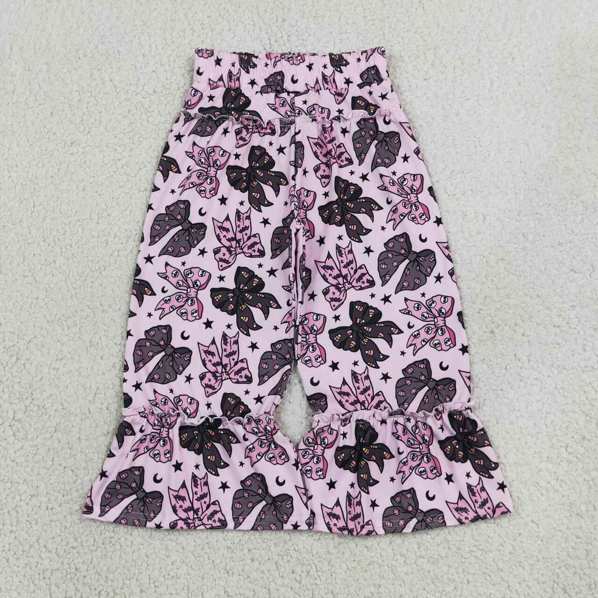 P1069 Pink Black Bow Moon Star Print Girls Wide Leg Ruffle Pants