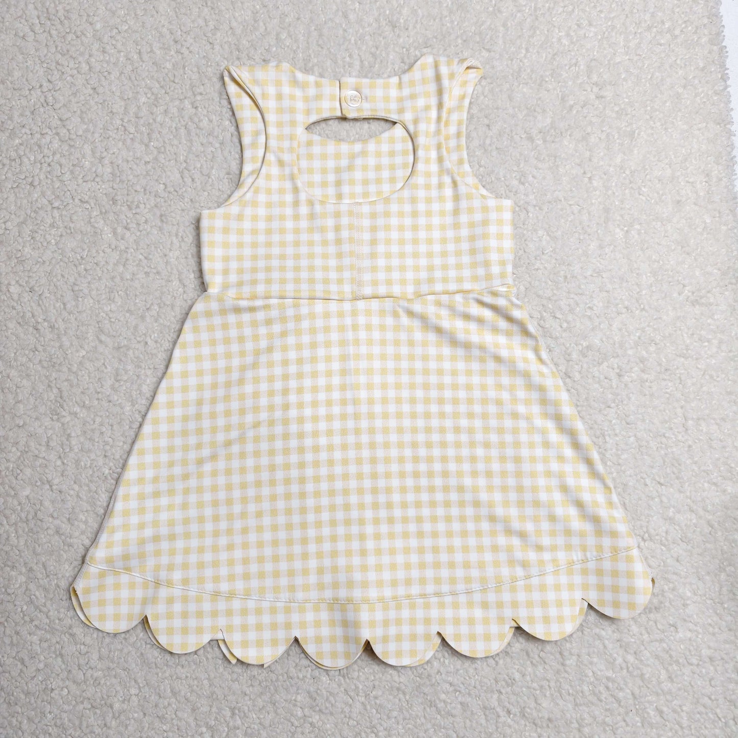 GSD3027 Yellow Gingham Girls Summer Bows Scallop Knee Length Yoga Dress