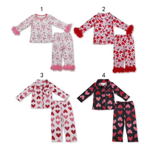 Sibling Girls  Valentine Bow Heart Long Sleeve Pajama Set