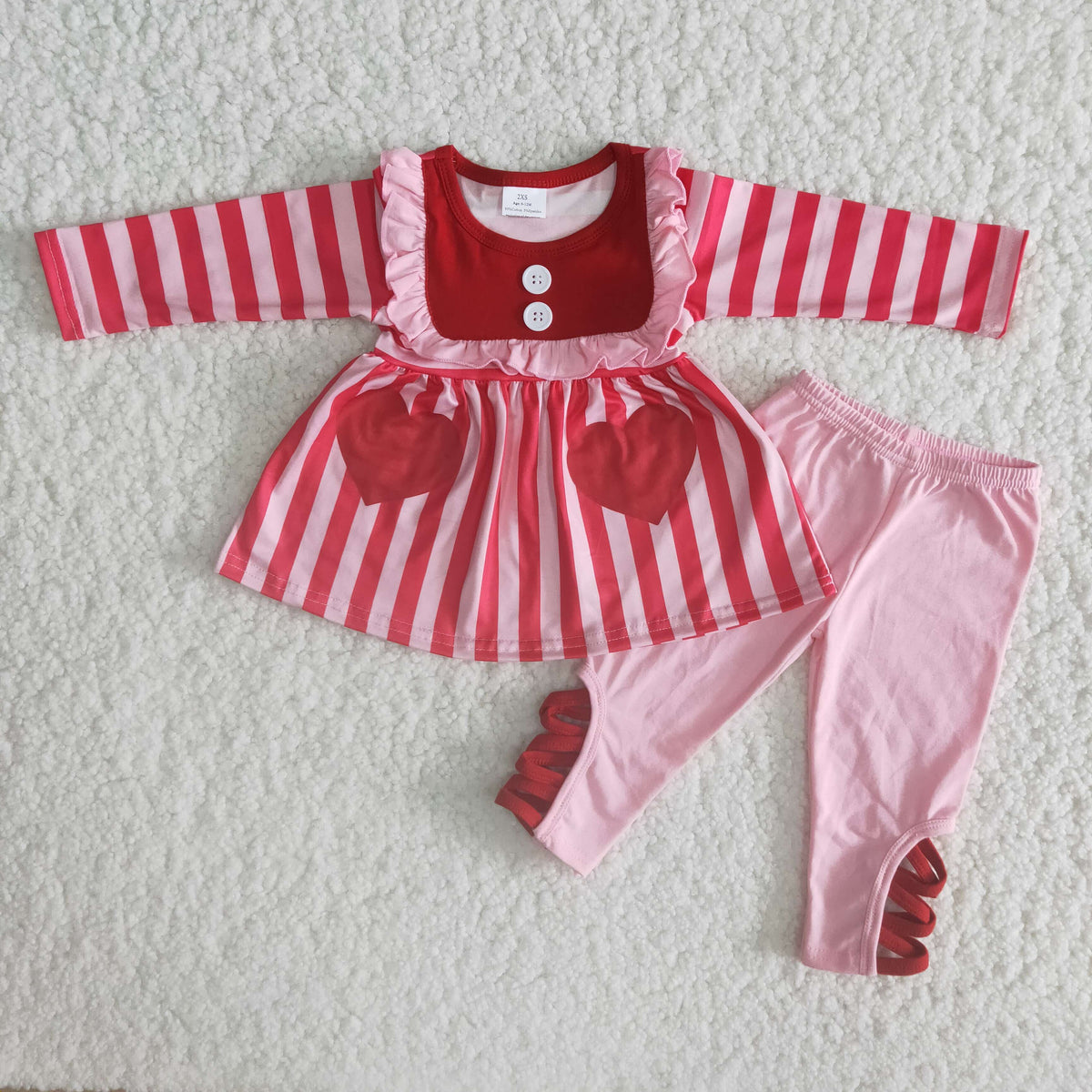 6 B11-22 Hearts Pink Stripes Tunic Top Cross Legging Pants Girls Valentine's Day Clothes Set