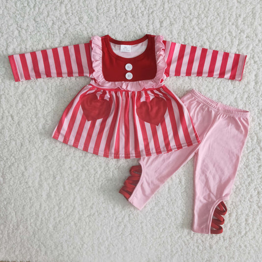 6 B11-22 Hearts Pink Stripes Tunic Top Cross Legging Pants Girls Valentine's Day Clothes Set