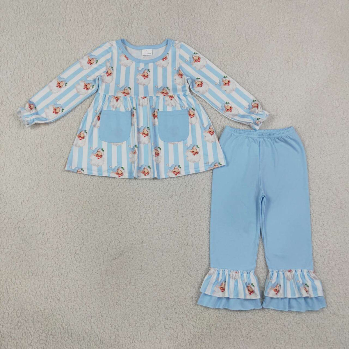 GLP3455 Santa Blue Stripes Tunic Top Ruffle Pants Girls Christmas Clothes Set