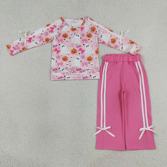 GLP3356 Girls Pink Ghost Halloween Outfits - Cute Spooky Pumpkin Bows Print Top & Pink Straight Pants