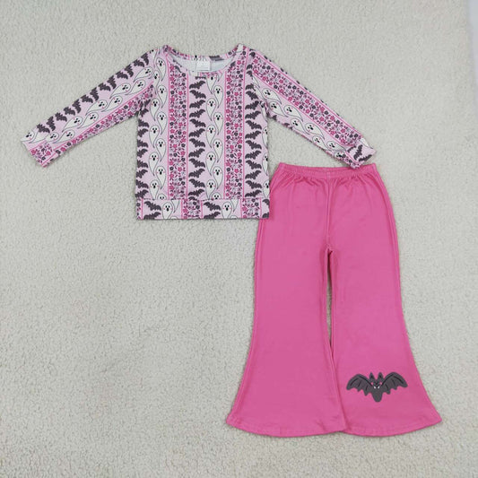 Ghost Bat Flowers Top Pink Bell Pants Girls Halloween Clothes Set
