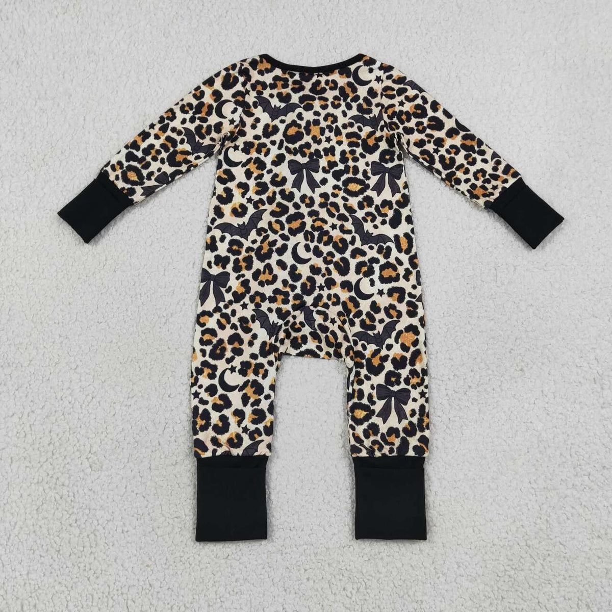 8.7 LR3242 Preorder Bat Leopard Baby Girls Halloween Long Sleeve Zipper Sleeper Romper