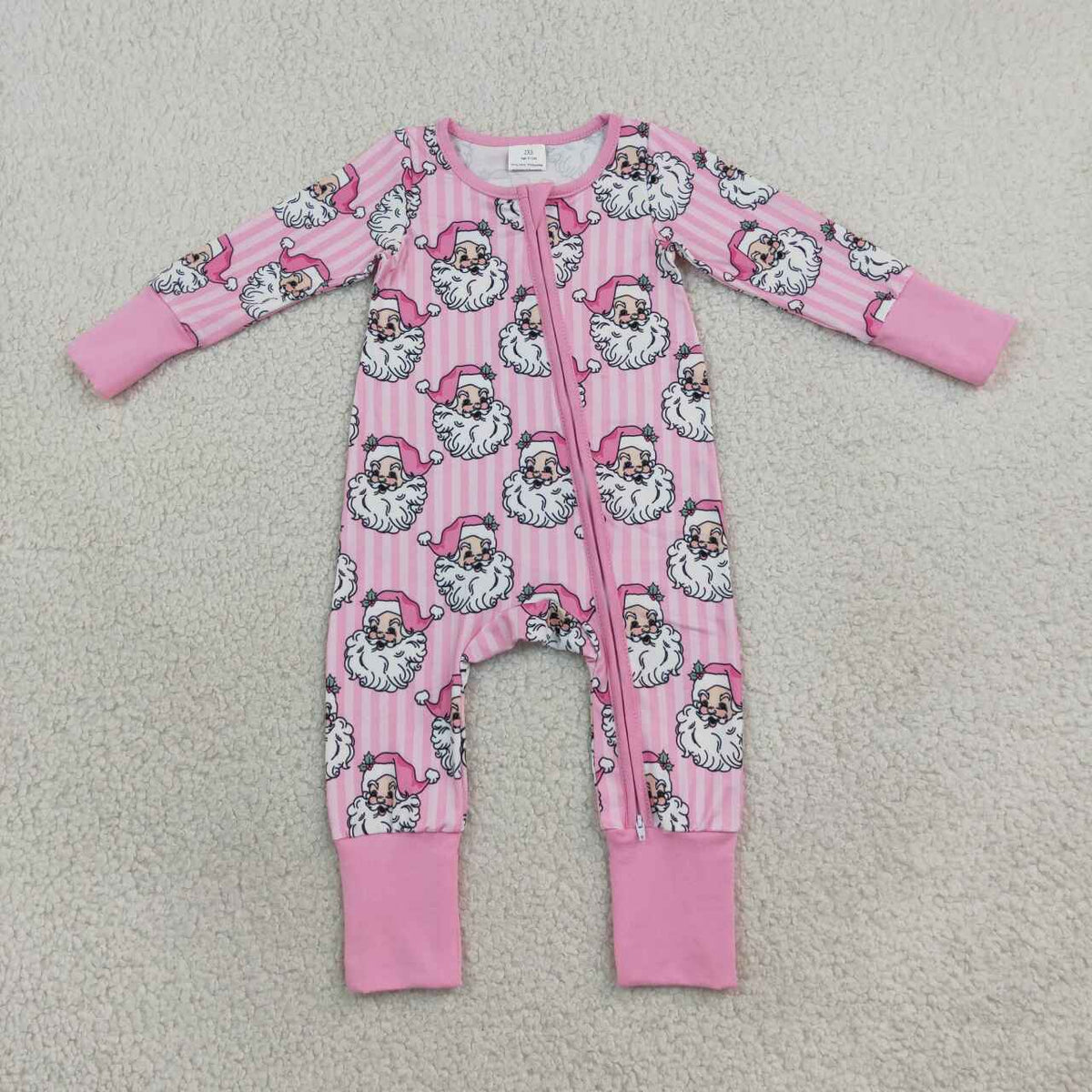 LR3125 Santa Pink Stripes Print Baby Girls Christmas Zipper Sleeper Romper