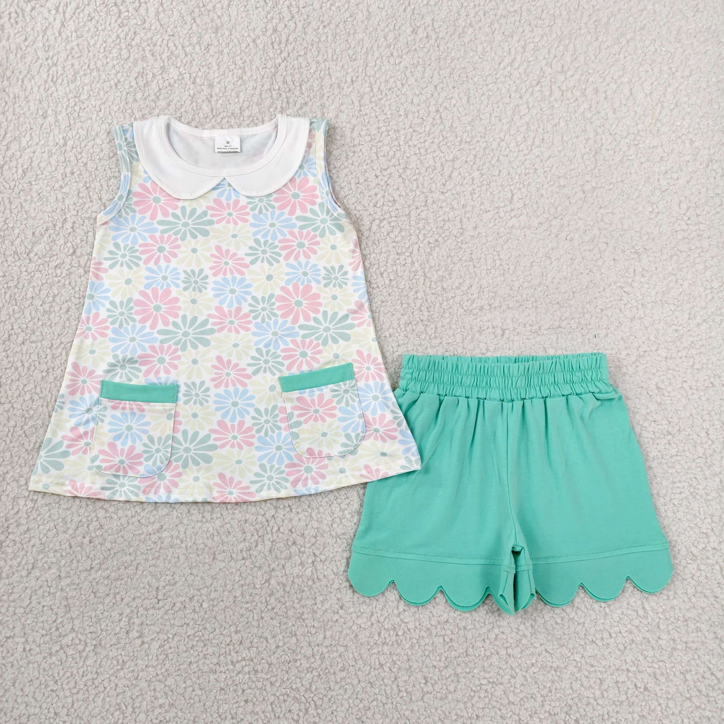 GSSO3632 Flowers Pockets Doll Top Green Scallop Shorts Baby Girls Summer Clothes Set