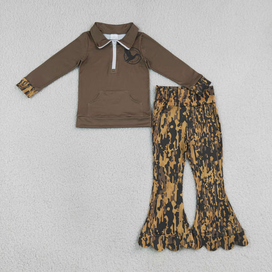 GLP3373 Duck Zipper Top Camo Scallop Bell Pants Girls Hunting Clothes Set