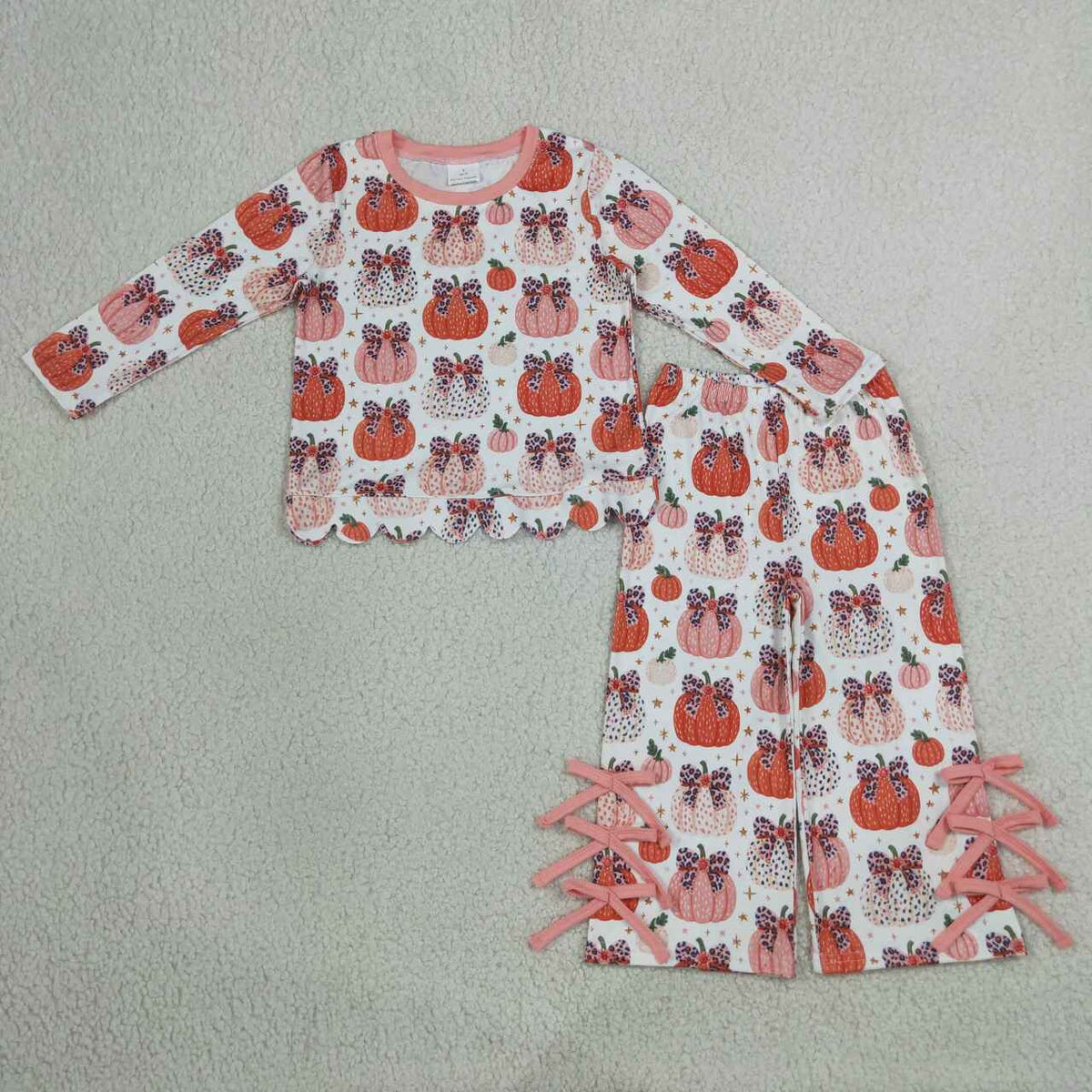 Pumpkin Bows Scallop Top Bows Pants Girls Fall Clothes Set