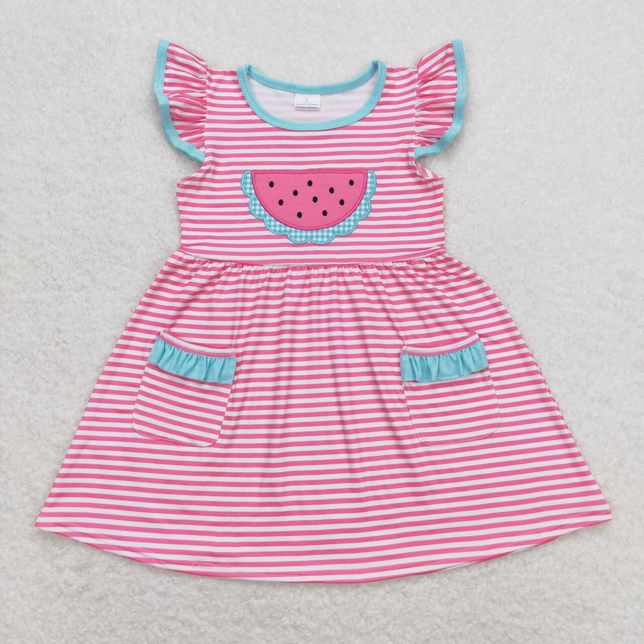 GSD0964 Watermelon Embroidery Pink Stripes Pockets Girls Flutter Sleeve Dress