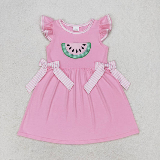 GSD1104 Watermelon Embroidery Pink Girls Flutter Sleeve Dress