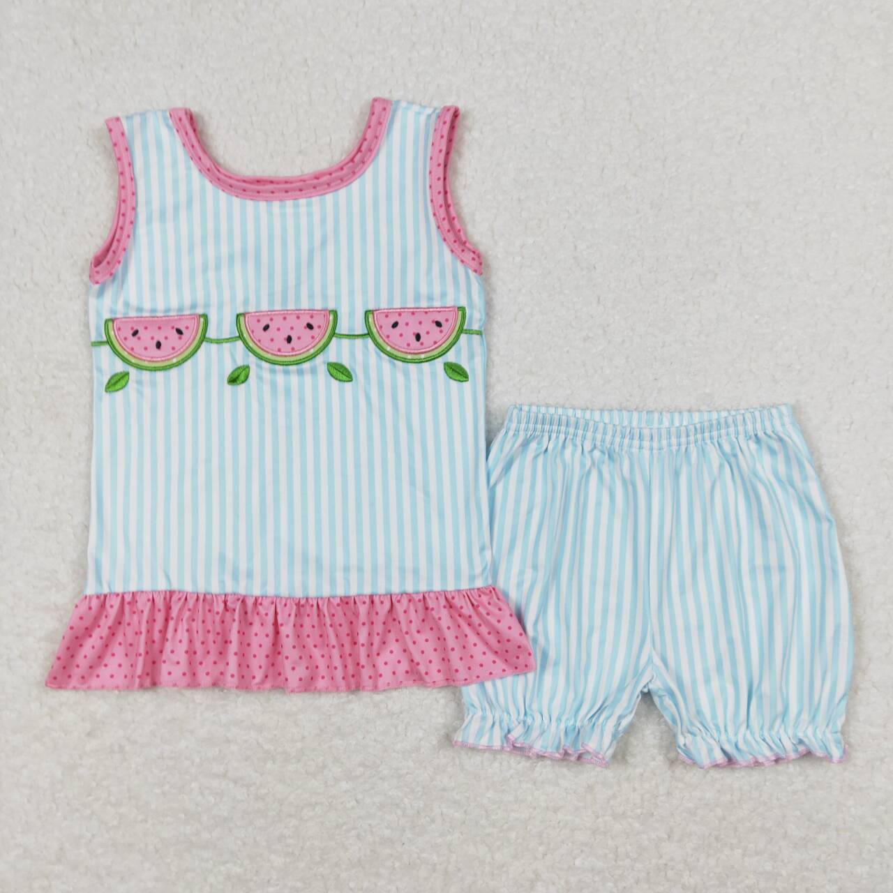 GSSO0398  Watermelon Embroidery Stripes Shorts Girls Summer Clothes Set
