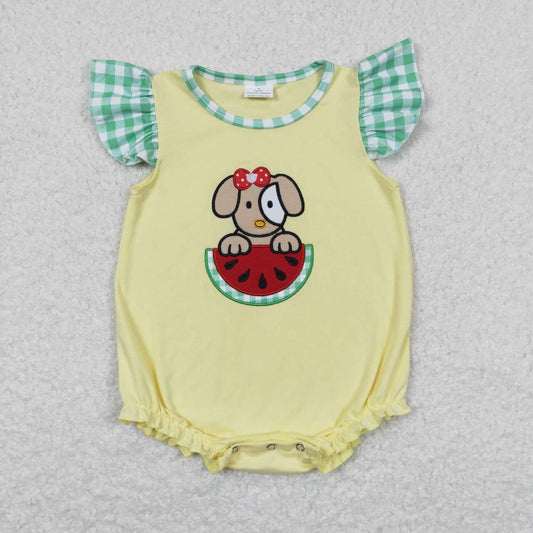 SR0789 Puppy Watermelon Embroidery Baby Girls Flutter Sleeve Romper