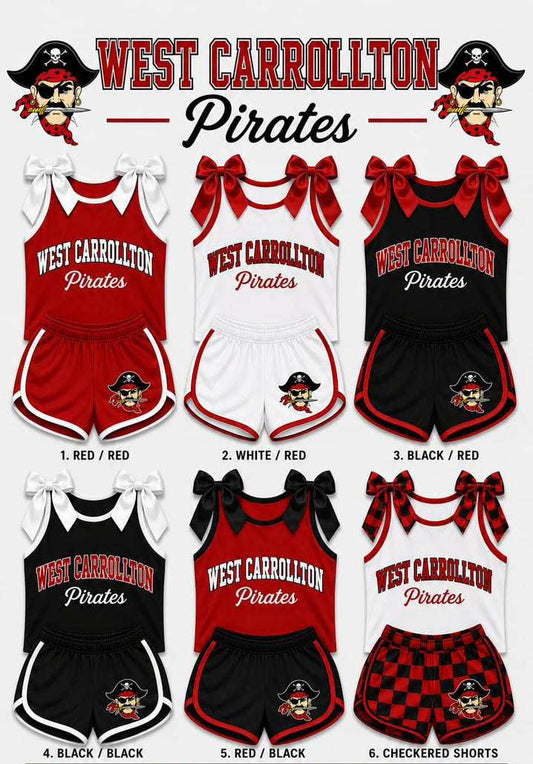 (Custom Design Preorder MOQ 5) Teams West Carrollton Pirates Bows Vest Top Shorts Mommy and Me Summer Yoga Clothes Set