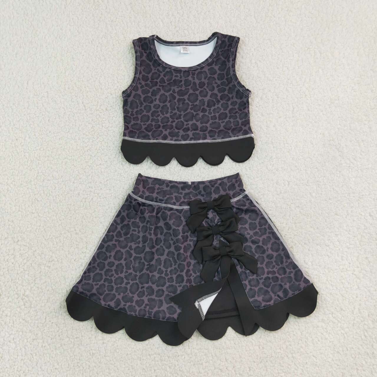 Black Leopard Tank Top  Scallop Skort Girls Summer Yoga Clothes Set