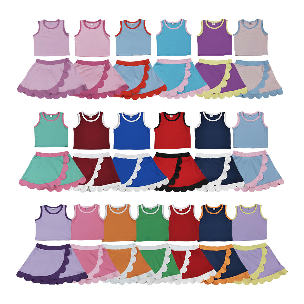 20 Solid Colors Tank Top Scallop Edge Skort Baby Girls Active Clothes Set Sisters Yoga Outfits