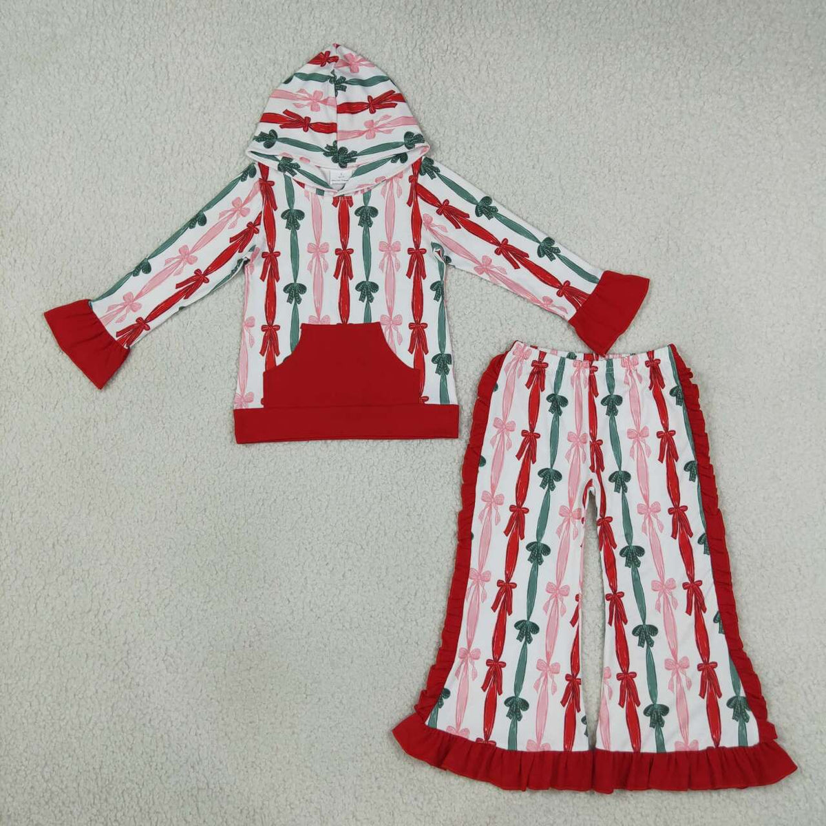 Bows Stripes Hoodie Top Ruffle Pants Girls Christmas Clothes Set