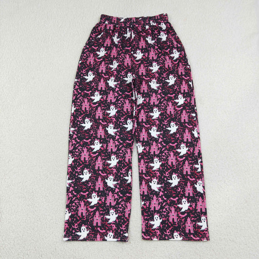 P1130 Adult Leopard Ghost Haunted Castle Bat Pink Woman Wide Leg Pockets Pants