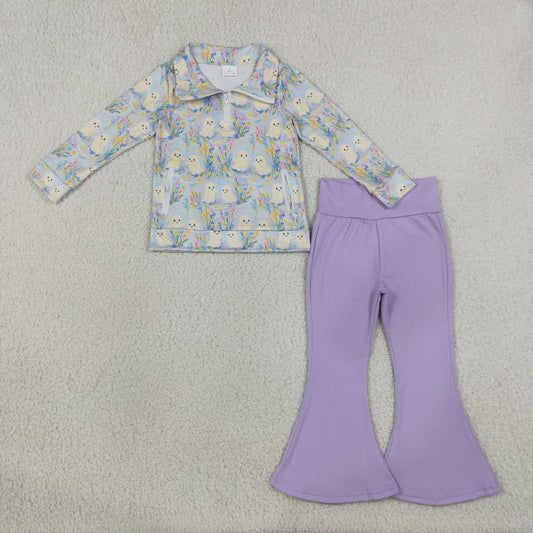 GLP3506 Ghost Flowers Pullover Top Violet Bell Pants Girls Halloween Clothes Set