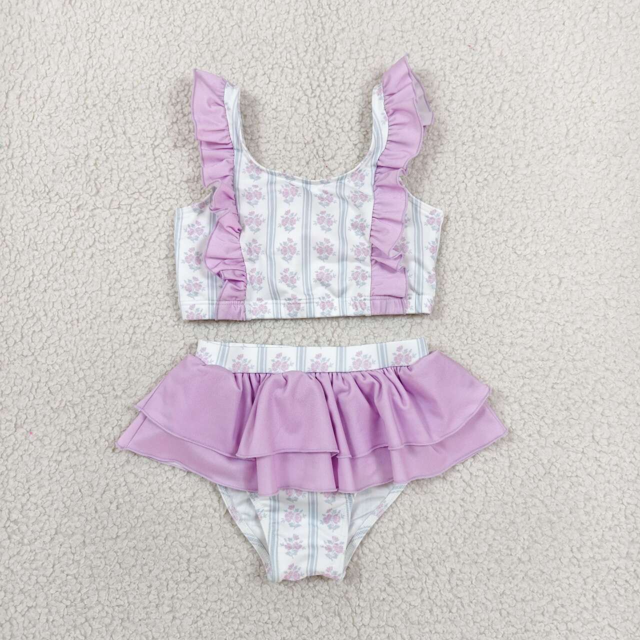 Baby Girls Purple Floral Two Pieces Swimsuit With Ruffle