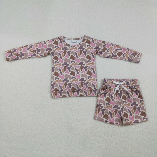 Baby Girls Pink Brown Camo Long Sleeve Top with Shorts Outfit