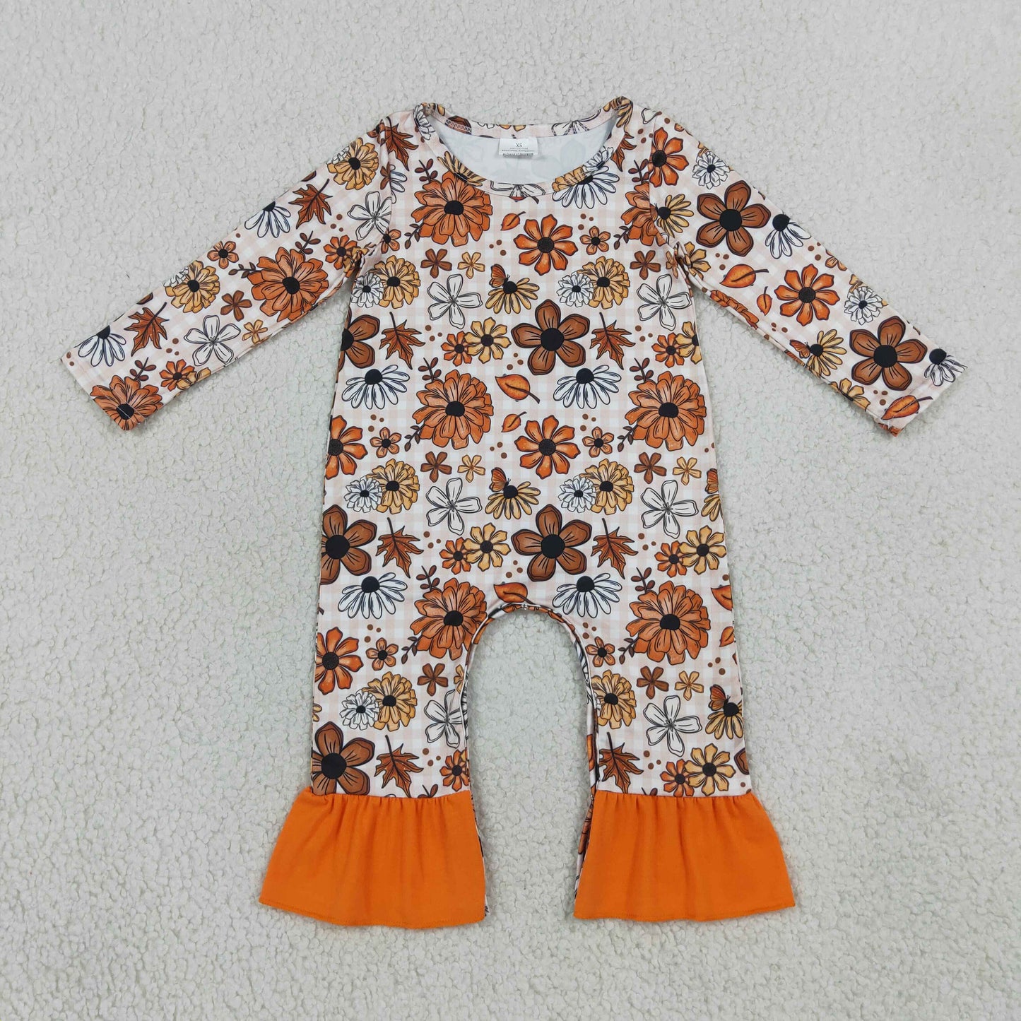 LR3025 Baby Girls Fall Floral Long Sleeve Romper With Ruffle