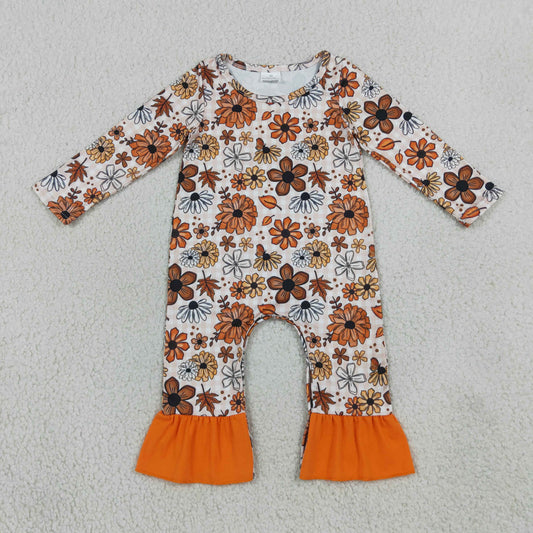 LR3025 Baby Girls Fall Floral Long Sleeve Romper With Ruffle