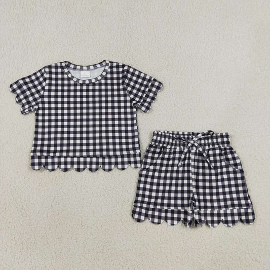 GSSO3842 Black Checkered Print Pockets Shorts Girls Summer Scallop Clothes Set