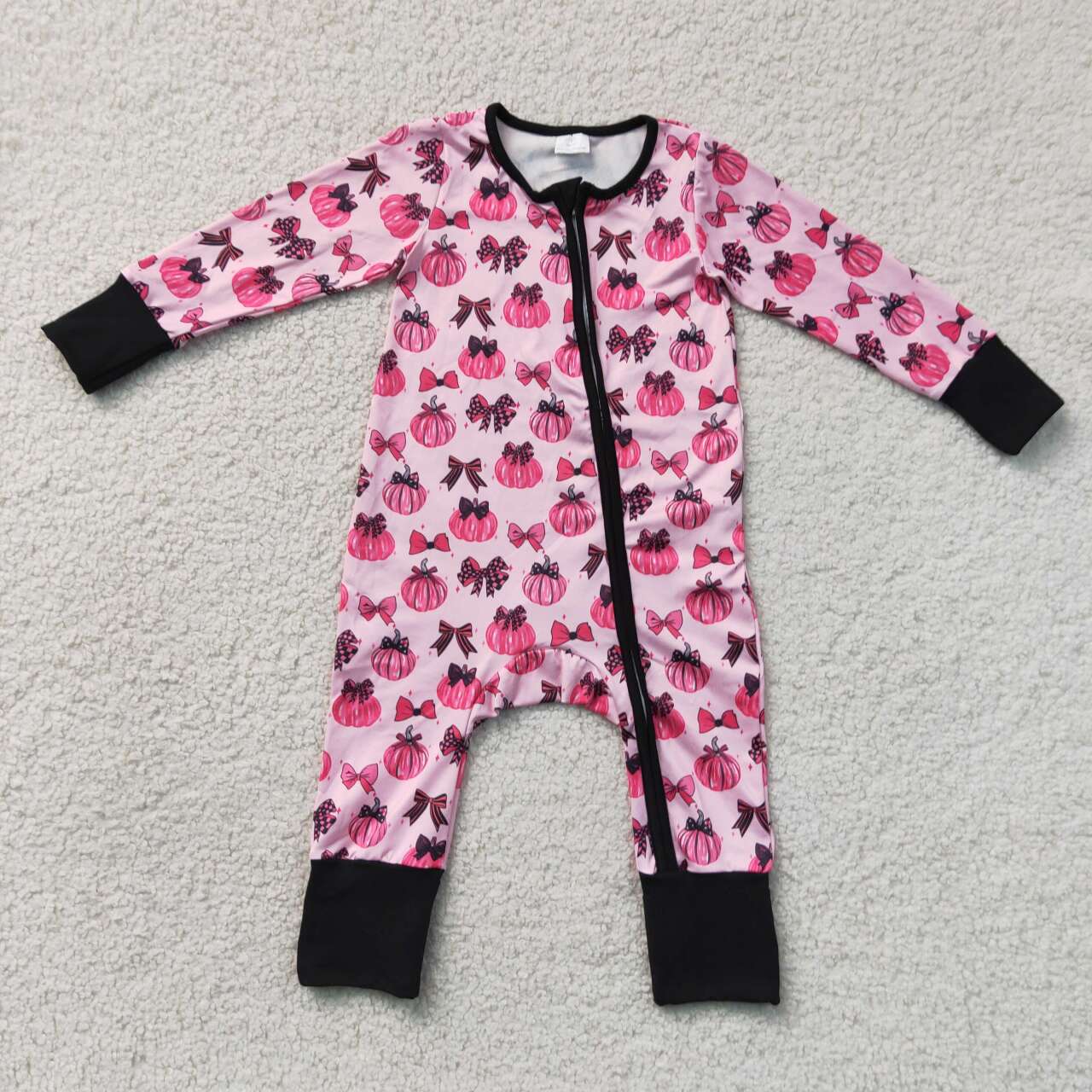 Pumpkin Bows Pink Baby Girls Fall Zipper Sleeper Romper