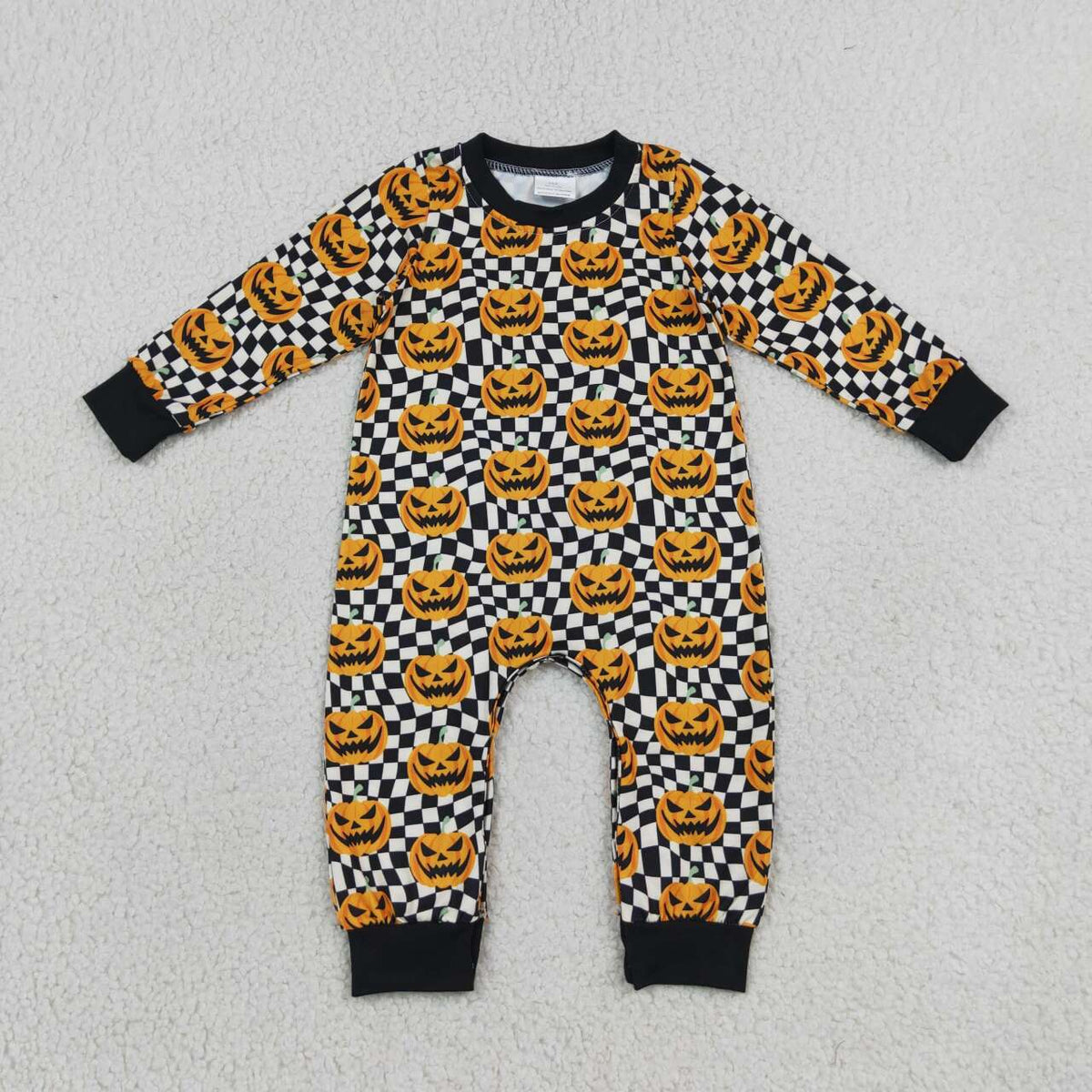 LR1389 Pumpkin Smiling Wavy Checkered Baby Boys Halloween Romper
