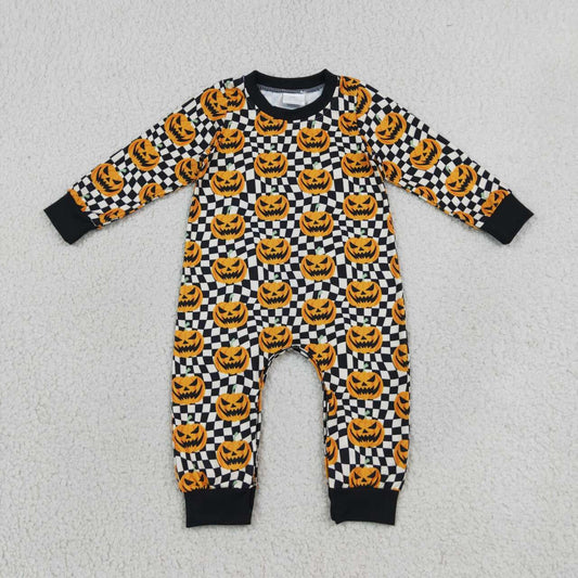 LR1389 Pumpkin Smiling Wavy Checkered Baby Boys Halloween Romper