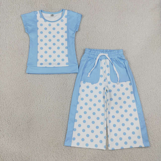GSPO2334 Dots Blue Patchwork Top Pockets Pants Girls Clothes Set
