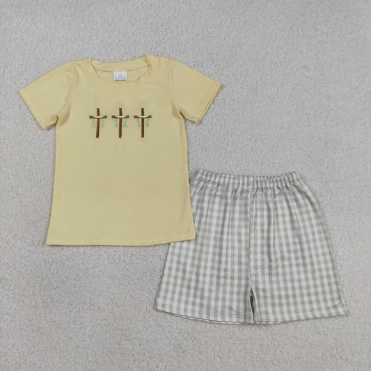 BSSO1717 baby Boys Embroidery Cross Easter Shorts Outfit