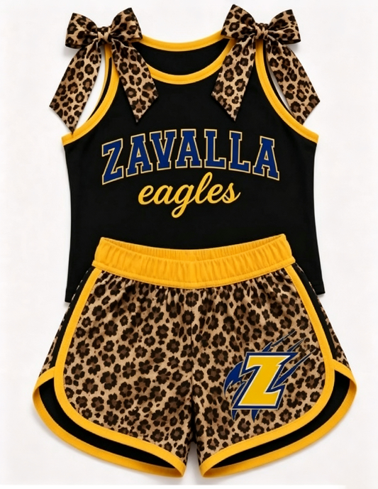 (Custom Design Preorder MOQ 5) Teams Zayalla Eagles Bows Vest Top Leopard Shorts Mommy and Me Summer Clothes Set