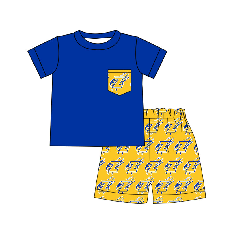(Custom Design Preorder MOQ 5) Teams Zayalla Eagles Blue Pocket Top Yellow Shorts Boys Clothes Set