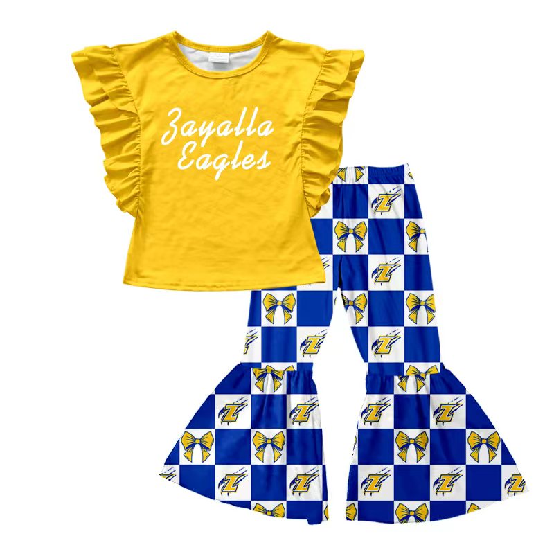 (Custom Design Preorder MOQ 5) Teams Zayalla Eagles Yellow Top Blue Checkerd Bell Pants Girls Clothes Set