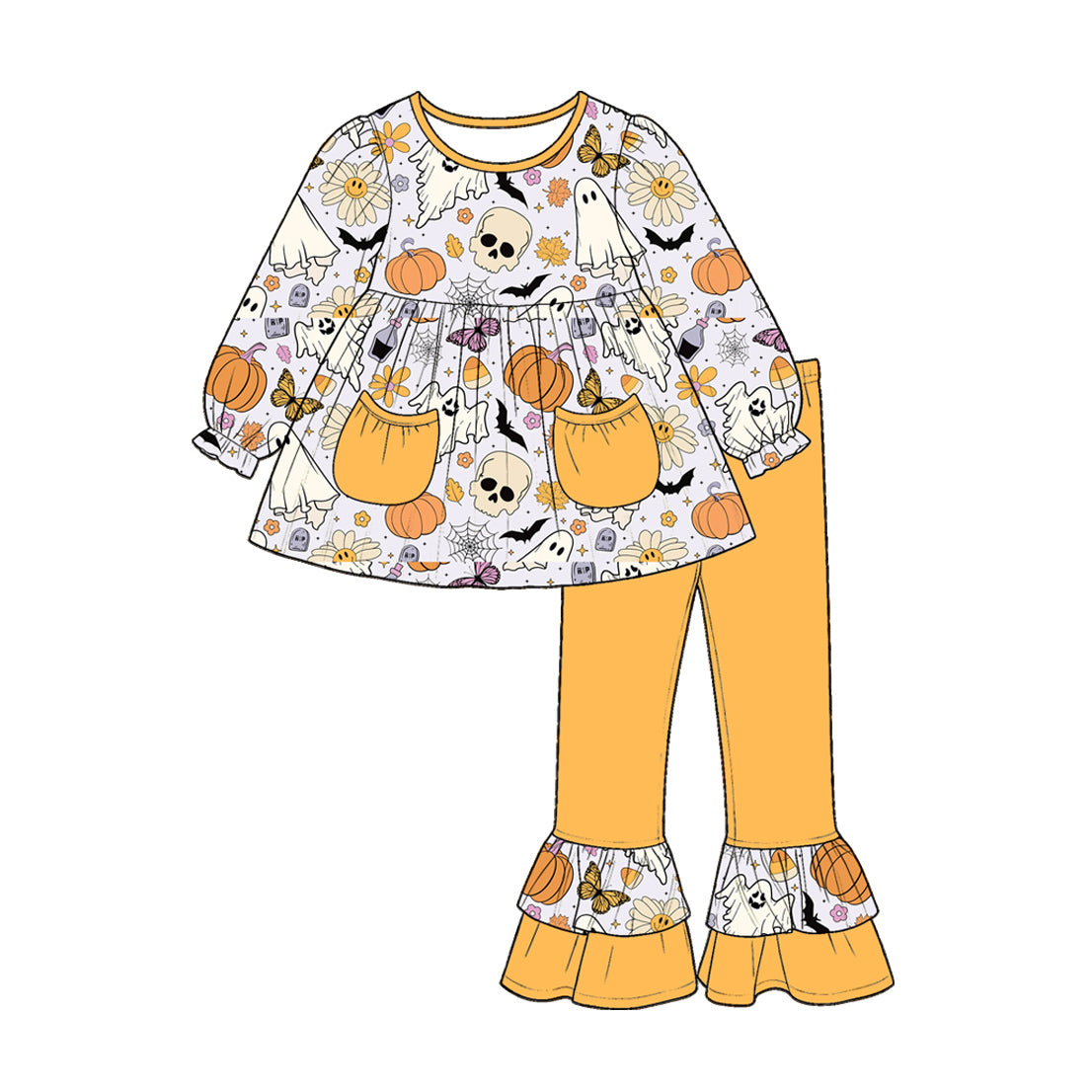 (Custom Design Preorder MOQ 5) Pumpkin Flowers Ghost Candy Pockets Tunic Top Ruffle Pants Girls Halloween Clothes Set