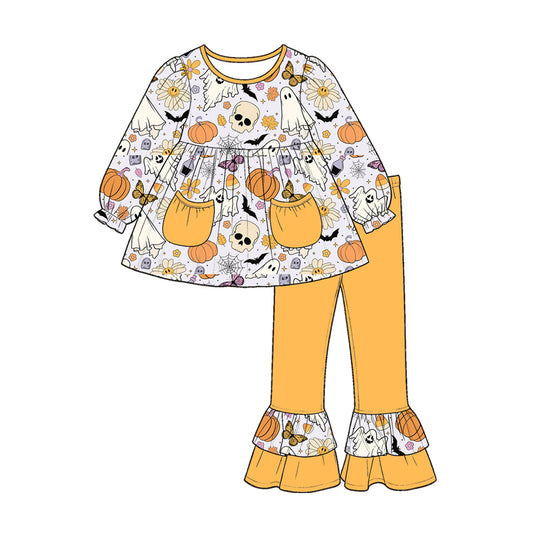 (Custom Design Preorder MOQ 5) Pumpkin Flowers Ghost Candy Pockets Tunic Top Ruffle Pants Girls Halloween Clothes Set