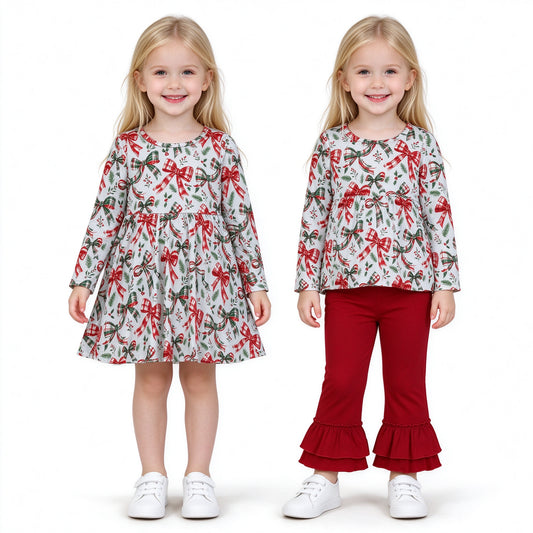 Sibling Kids Girls Christmas Bow Tunic Top Outfit and Dress