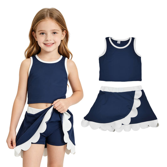Toddler Girls Navy Scalloped Edge 2-Piece Set | Sleeveless Top & Skort Active Outfit