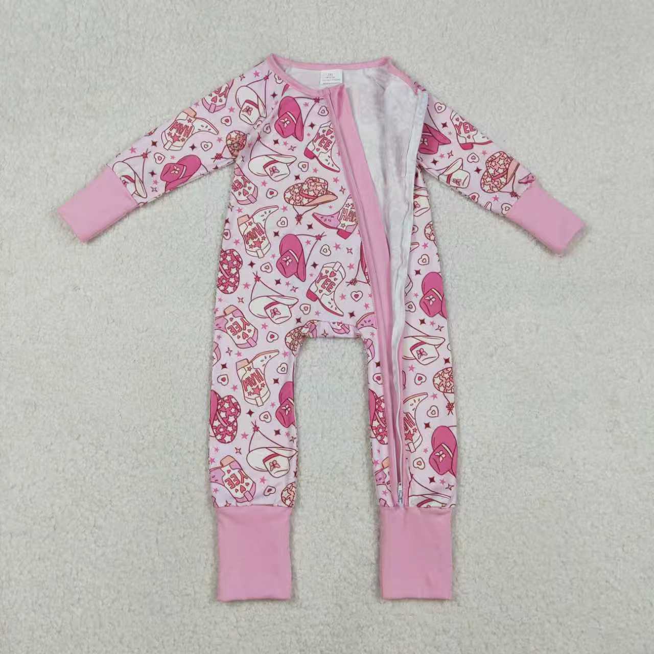 Sibling Baby Girls Pink Hats Boots Top Pants Western Pajamas Set Zipper Rompers