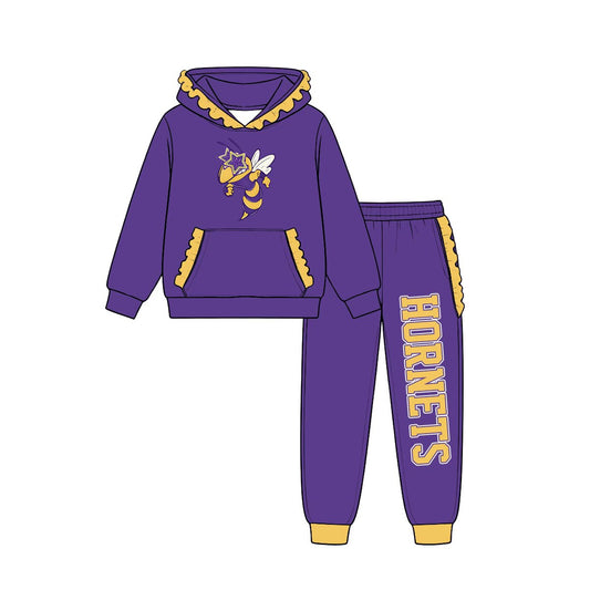 (Custom Design Preorder MOQ 5) Teams Holland Hornets Purple Yellow Ruffles Hoodie Top Pockets Joggers Pants Woman Yoga Clothes Set