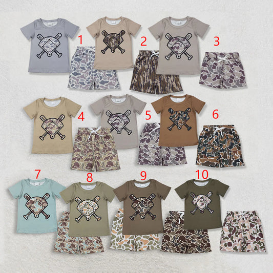 Sibling Baby Boys Short Sleeve Camo Baseballs Top Pockets Shorts Outfit