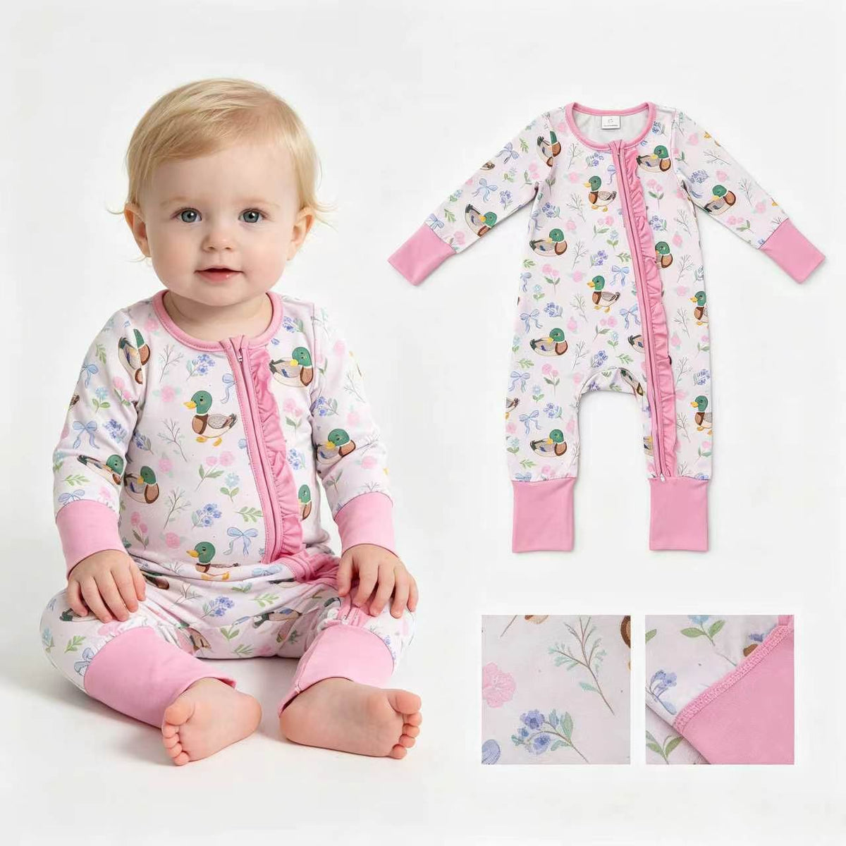 LR3071 Duck Bows Flowers Baby Girls Fall Zipper Sleeper Romper