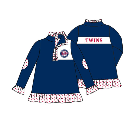 Preorder (moq 5)Baby Girls Blue Long Ruffle Sleeve Twins Team Zip Pullovers Top