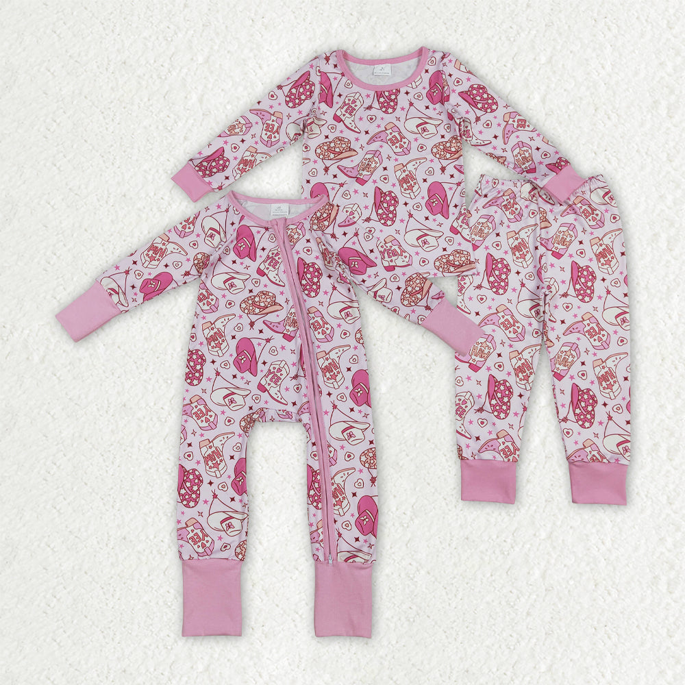 Sibling Baby Girls Pink Hats Boots Top Pants Western Pajamas Set Zipper Rompers