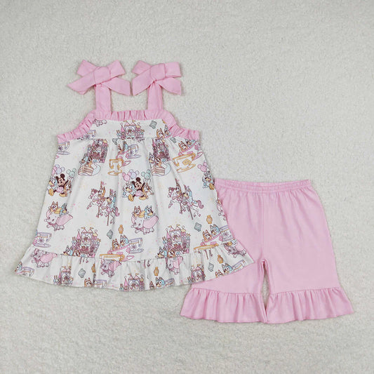 Baby Girls Cartoon Castle Summer Sibling Rompers Shorts Outfit